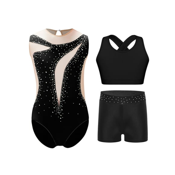 inlzdz Gymnastics Leotard for Girls Tumbling Biketard with Cross Back Vest and Shorts Ballet Dance Black 14