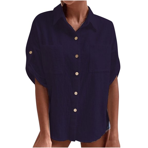 QLEICOM White V Neck Shirts for Women, Summer Button Down Shirt, Solid Color Lapel Short Sleeve Blouse, Casual Office Bussiness Shirts Plain Blouses Tops Blue S