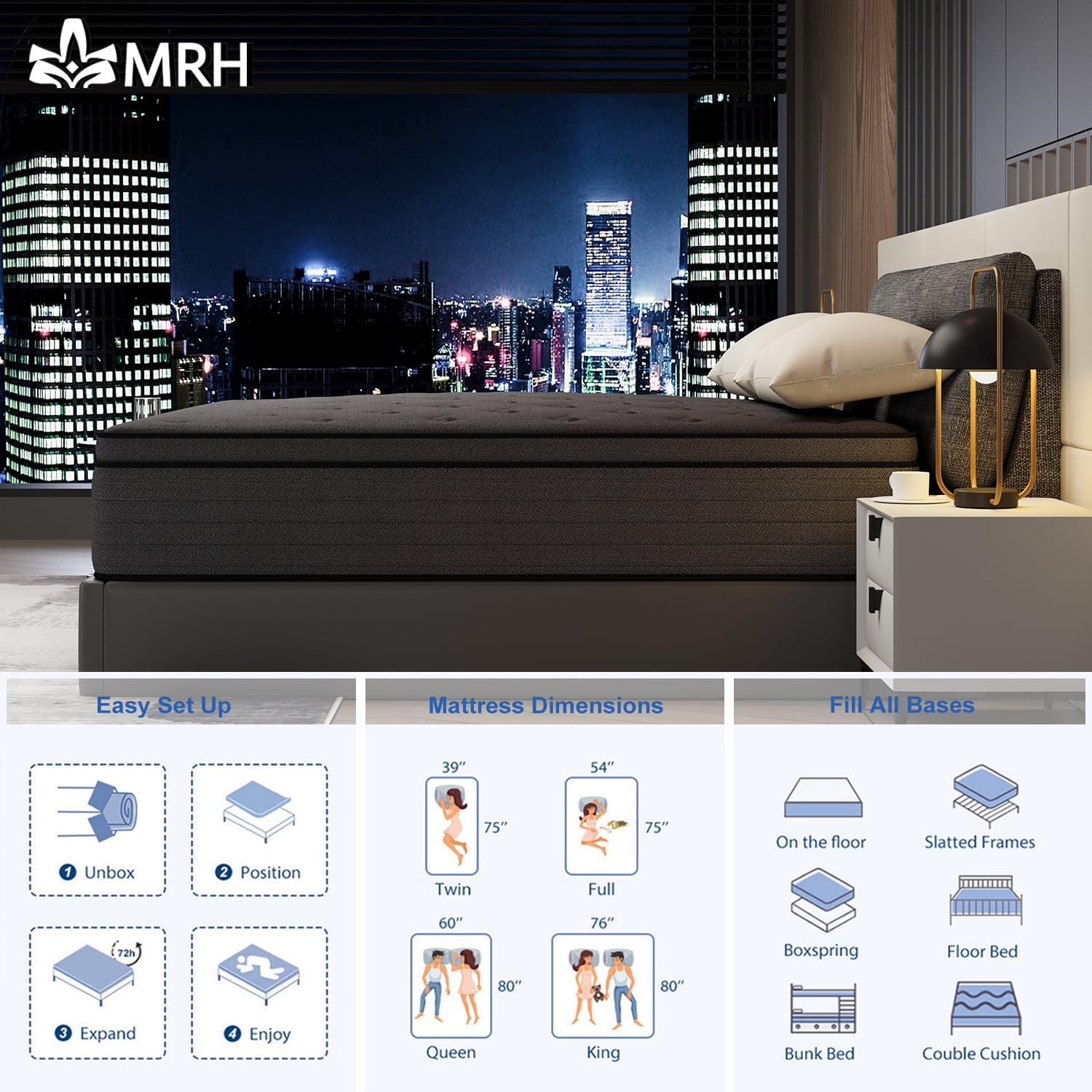 12 inch King Hybrid Mattress in a Box, Gel Memory Foam and Individually Pocket Innerspring, Euro Top Mattress Black, Medium Firm , Motion Isolation
