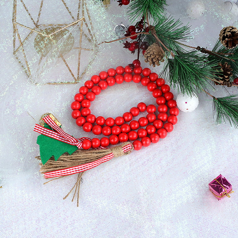 Huntermoon Christmas Wooden Bead Garland Buffalo Plaid Rustic Tassels and Red Truck Tag Beaded Tassel Garland Red White Green Natural Beads Garland