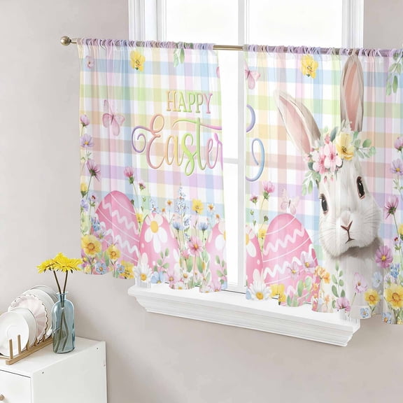 Happy Easter Sheer Curtains 54 Inch Length 2 Panels Set Window Treatments, Spring Easter Bunny Eggs Floral Colorful Plaid Rod Pocket Semi Curtains for Living Room/Bedroom/Kitchen Décor, 104"W x 54"L