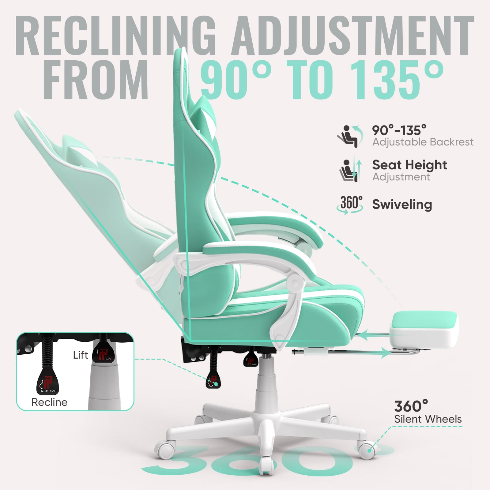 SOONTRANS Gaming Chair with Footrest, Girl Leather Gamer Game Chair for Adult, Reclining Adjustable Game Office Chairs Massage Pillows, Video Computer Chair with Bunny Ears, Green