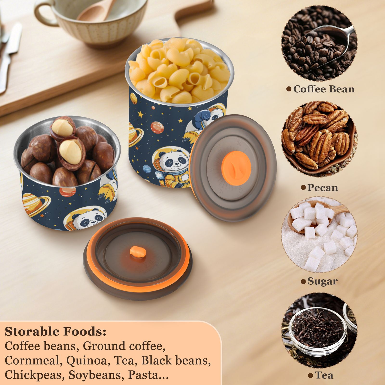 Astronaut Panda Planet Stars Airtight Coffee Bean Canister 30oz Food Storage Containers with Lids For Gournd, Tea, Sugar, Flour, Rice, Cereal, Candy Cookie Jar