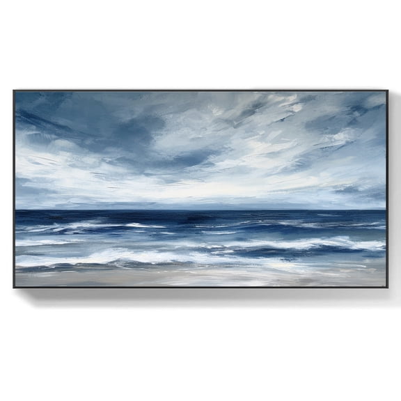 Original Sea Landscape Oil Painting on Canvas Large Wall Art Abstract Blue Sky Wall Art Gray Abstract Beach Wall Art Modern Living Room Seascape Wall Decor,Unstretched,Frameless,(41*61cm)16*32Inches