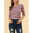 thumbnail image 5 of Allegra K Women's Casual Round Neck Elbow Sleeves Slim Fit Stripes T-Shirt, 5 of 6