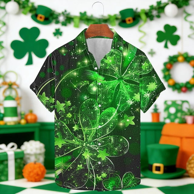 Ceisia Men's St. Patrick's Day Firework Starlight Clover Print Stretch Short Sleeve Shirt Dark Gray M Gifts