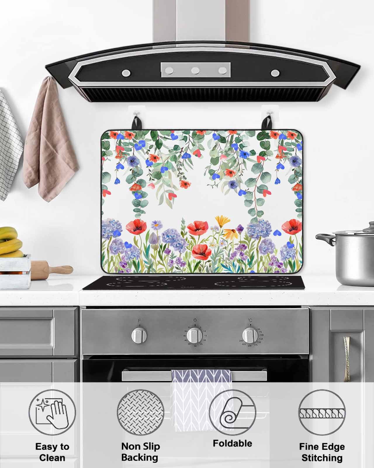 nqOlkjepod Large Induction Cooktop Protector Mat 24"x21", 4th of July Stove Top Covers for Electric Stove, Watercolor Red Blue Floral Eucalyptus Leaves Stove Burner Cover Mats, Glass Top Stove Cover