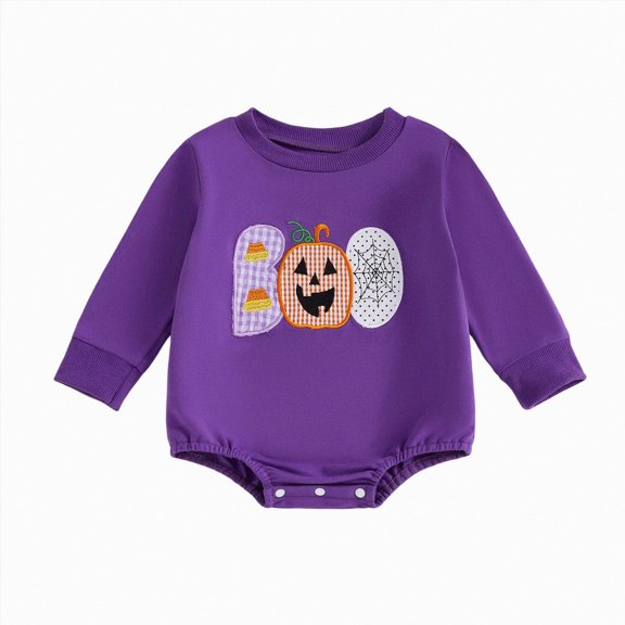 CAICJ98 Baby Girl Boy Halloween Outfit Pumpkin Long Sleeve Sweatshirt Oversized Bubble Romper Newborn Fall Clothes (Purple,12-18 Months)