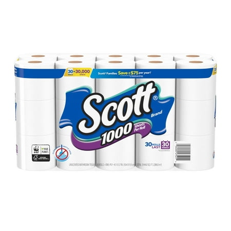 Scott 1000 Toilet Paper, 30 Rolls, 30,000 Sheets (Best Non Clogging Toilet Paper)