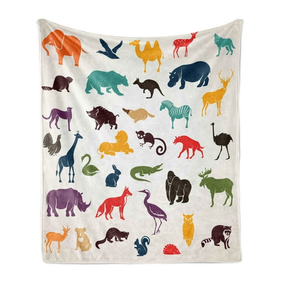 Zoo Soft Flannel Fleece Throw Blanket, European Animal Silhouettes in Cartoon Style Safari Wildlife Zoo Theme, Cozy Plush for Indoor and Outdoor Use, 70" x 90", Multicolor, by Ambesonne