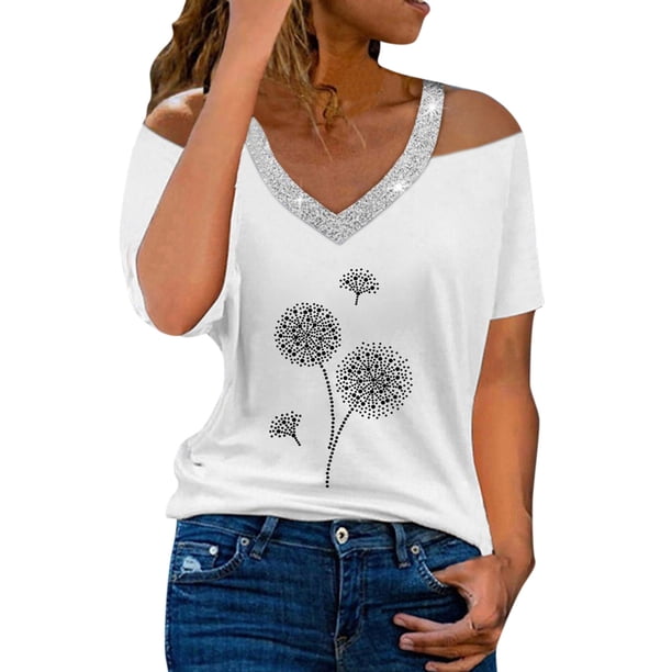 Gibobby Blusa Casual Para Mujer Blusa de manga corta con estampado de diente de león y cuello en V de verano para mujer(Blanco, XXXL)