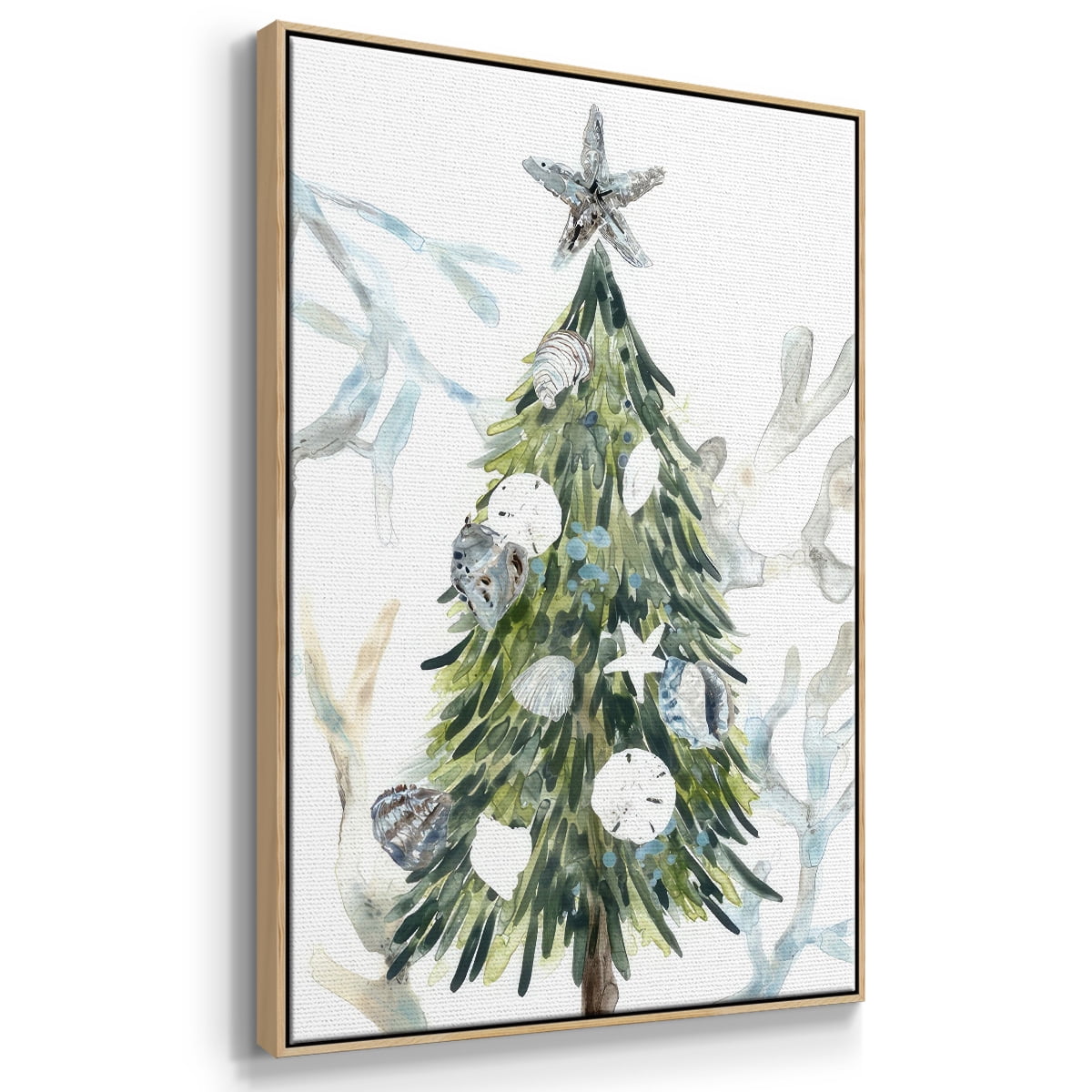 Coastal Christmas Shell Collection B - Framed Gallery Wrapped Holiday Canvas - 17 x 25 - Natural Wood Frame