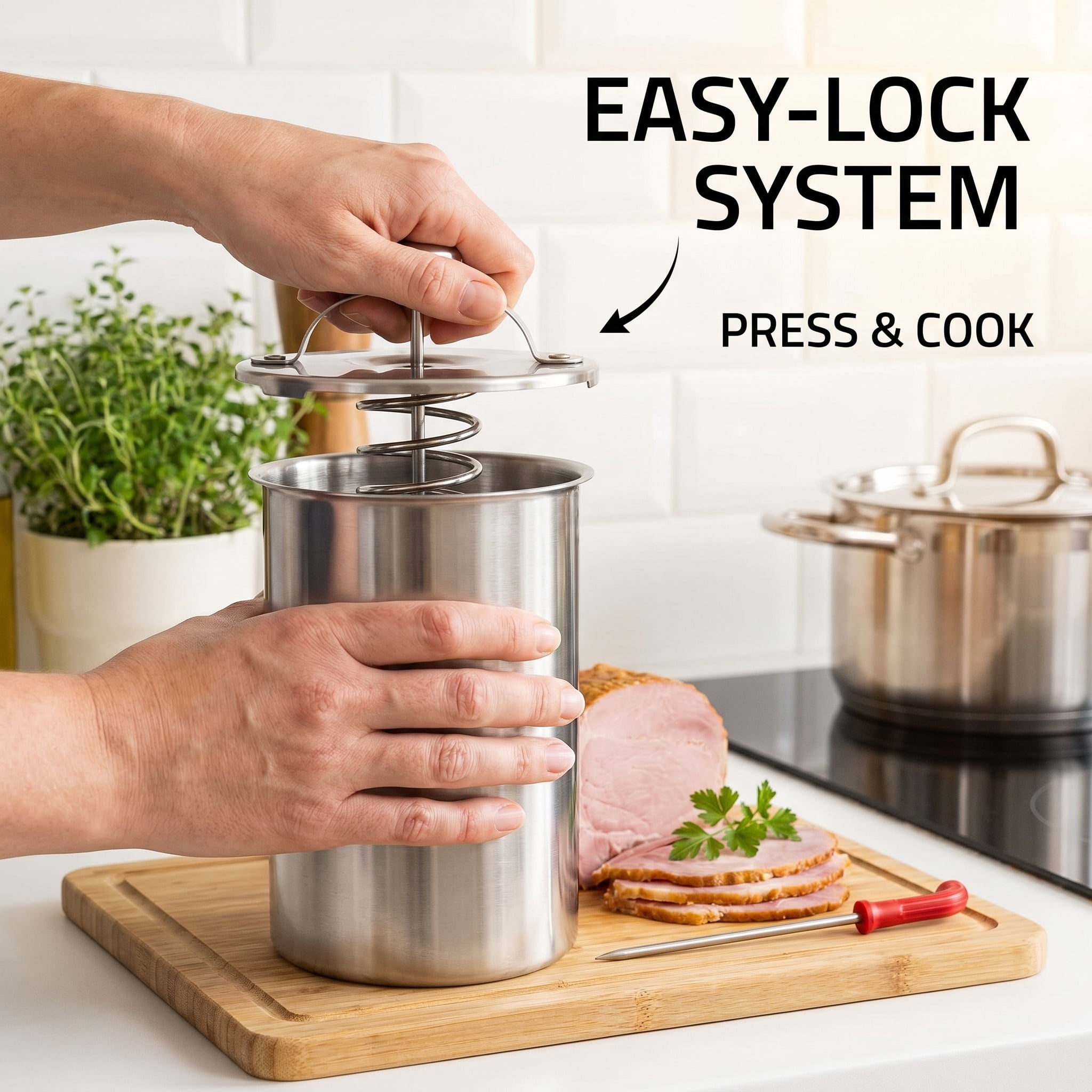 Stainless Steel Ham Maker Meat Press Cooker with Thermometer, DIY Homemade Deli Meat Mold for Bacon and Ham Making, Kitchen Use