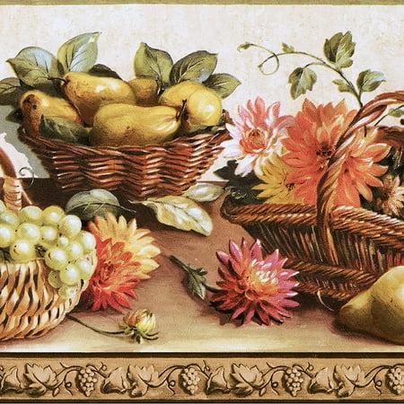 

Concord Wallcoverings Wallpaper Border Fruits Pattern Grapes Apples Pears Baskets Flowers for Kitchen Dining Area Cottage Beige Green Brown Yellow Pink 10 Inches by 15 Feet 31076310HD
