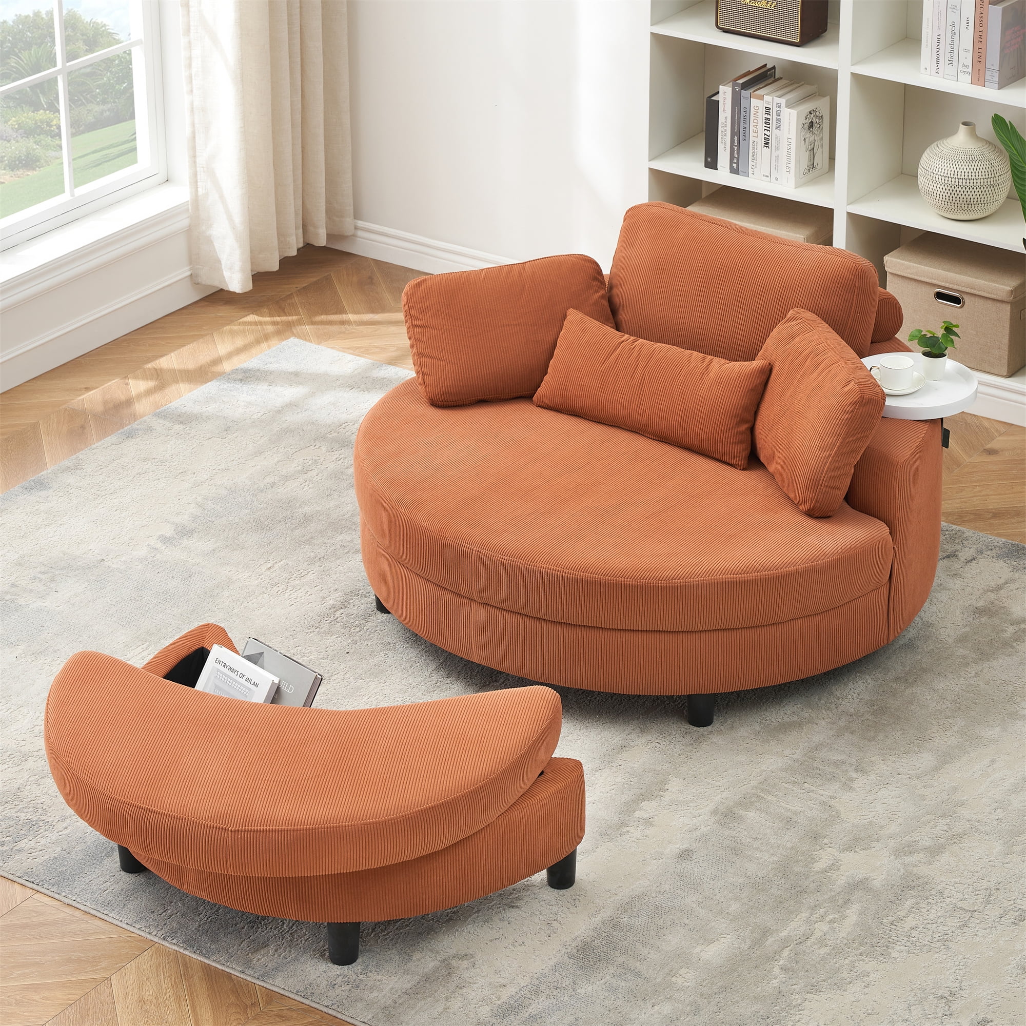 Aukfa 51" Oversized Accent Chair Round Barrel Chair with Storage Ottoman for Living Room, Corduroy, Orange