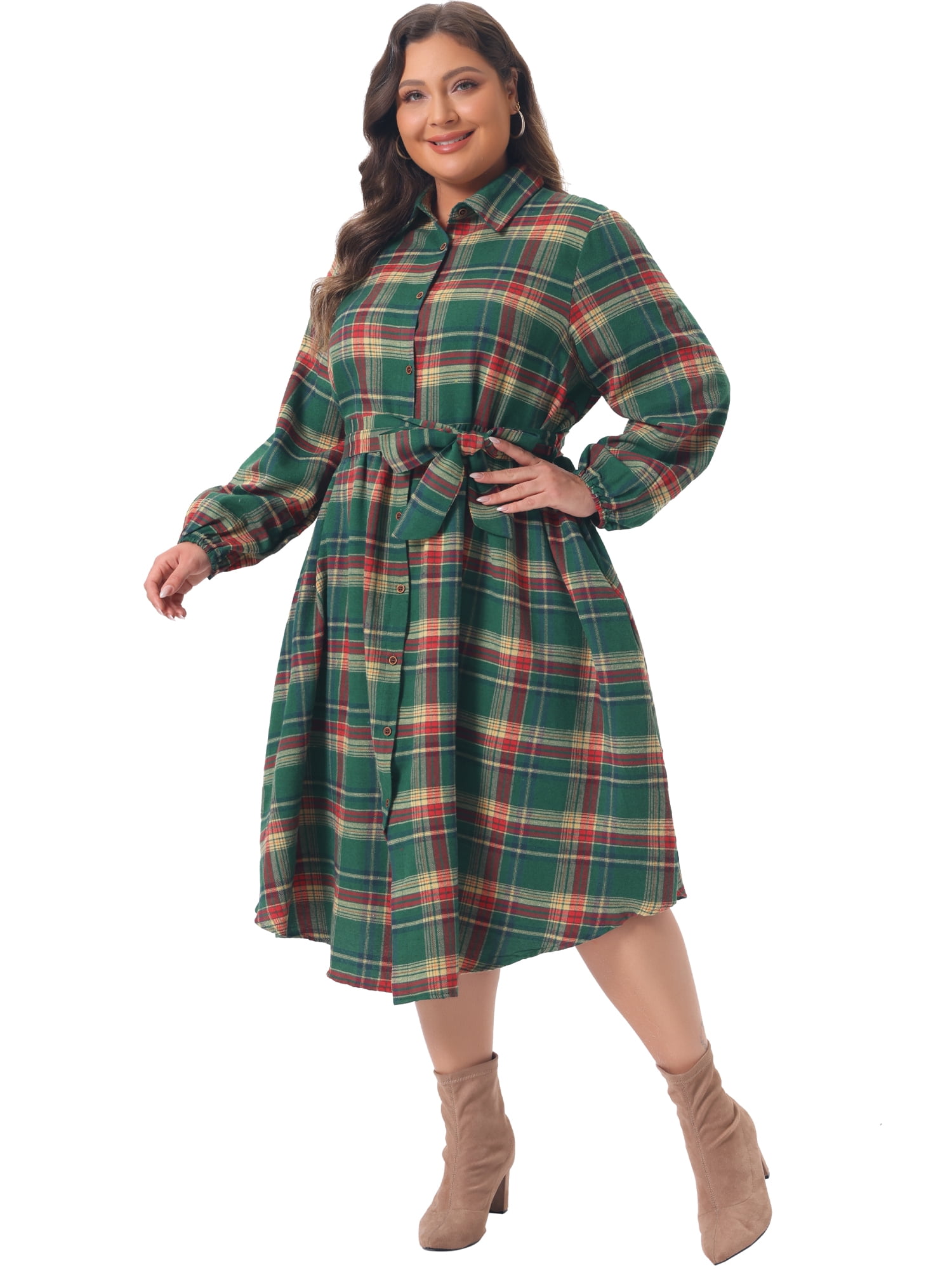 DARING DIVA Women's Plus Plaid Shirt Belted Long Sleeves Hem Dress L Green