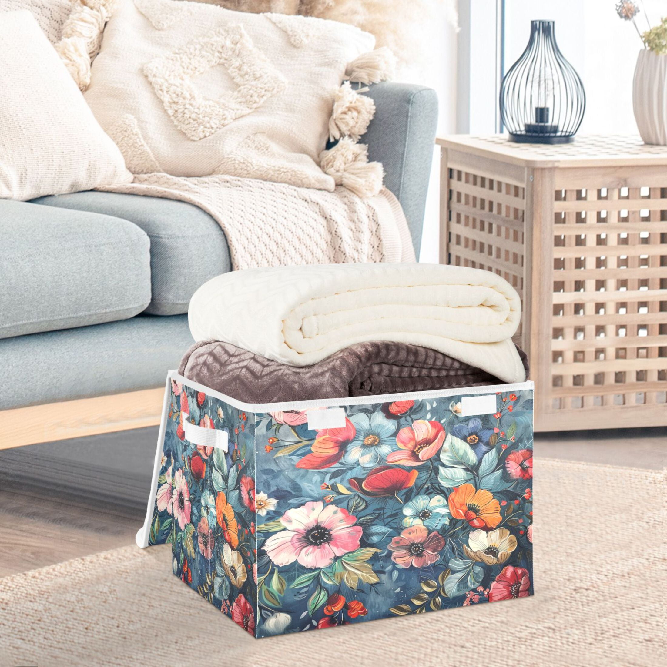 Ryvnso Boho Floral Large Lidded Foldable Storage Baskets Cubes Boxes Lids Bin for Home