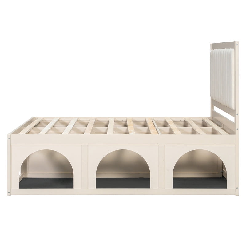 Full Size Pet-Friendly Platform Bed with Under-Bed Pet Nooks, Heavy Duty Wooden Storage Bed Frame with Padded Headboard