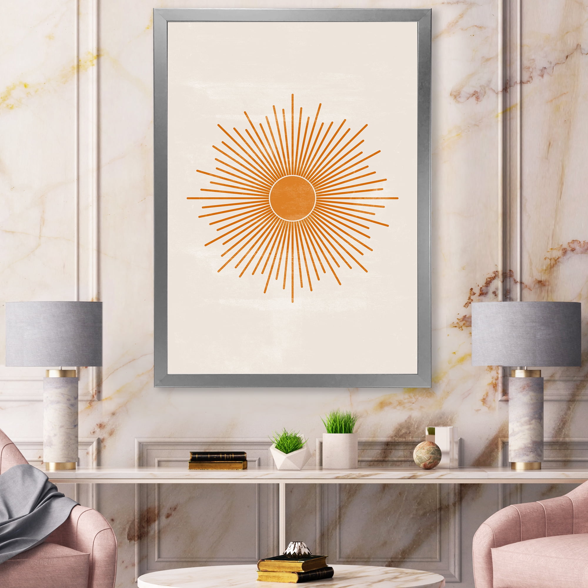 Designart 'Orange Sun Print On Beige II' Modern Framed Art Print