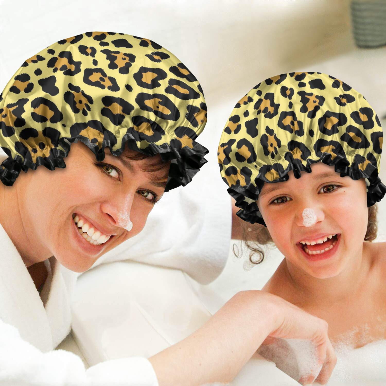 Shower Caps,Yellow and Black Leopard Pattern Waterproof Shower Cap for Women 4 Pieces,Double Reusable Hair Cover for Shower PEVA Elastic Stretch Hem