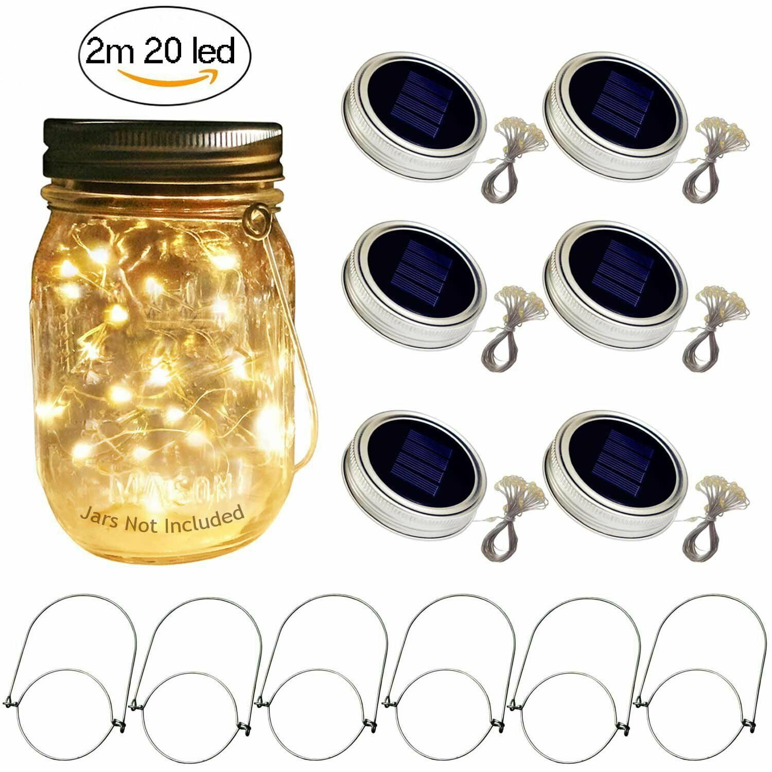 6 Pack Solar Mason Jar Lids String Lights With 6 Hangers, 20 LED Fairy Lights Outdoor For Xmas Party Patio Garden Yard Lawn Wedding Decor Solar Fairy Lanterns Table Lamps, Warm White (No Jars)