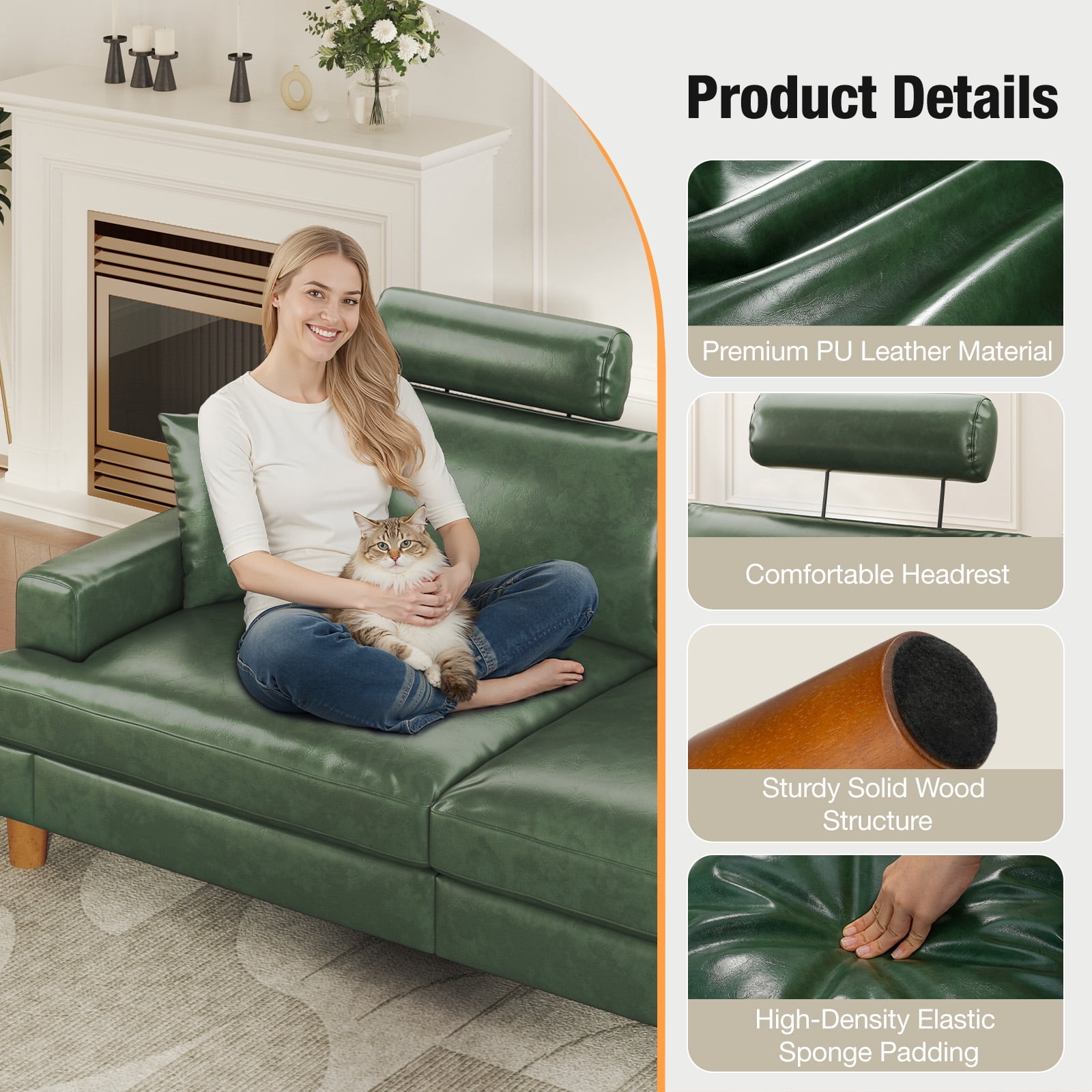 87" Couch Premium PU Leather Sofa with Headrest, Comfy 27" Extra Deep Seat 3 Seater Couch for Living Room, Includes 2 Pillows, Green