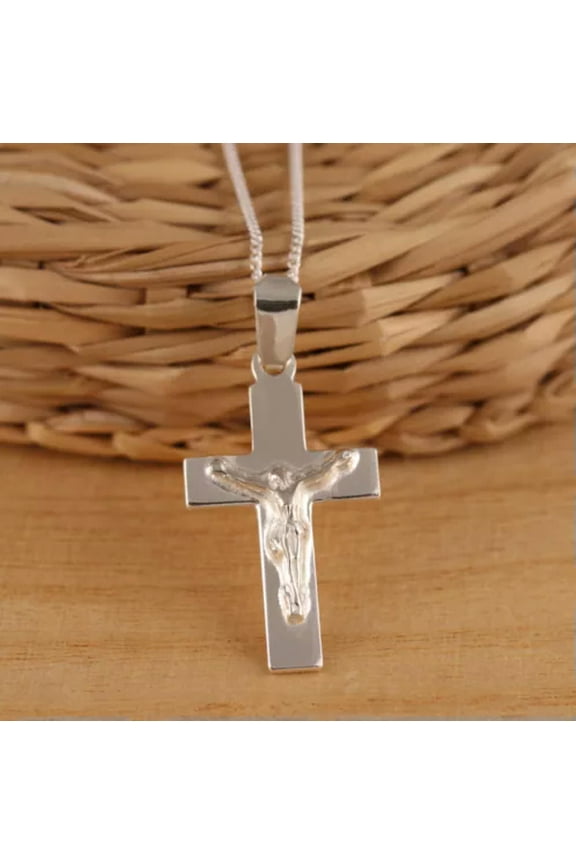 Solid 925 Sterling Silver Cross Crucifix Pendant Chain Necklace Jewellery-28 Inch 1mm Curb Chain