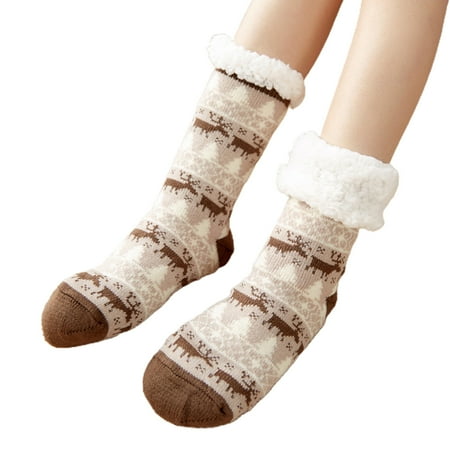 

✪ Women Christmas Warm Fuzzy Lined Slipper Socks Non Slip Reindeer Knitted Hosiery