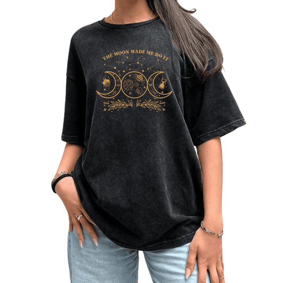 UNISHE Women's T-Shirts Celestial Witchy Quote Print Vintage Washed Short Sleeve Black S-5XL Tops
