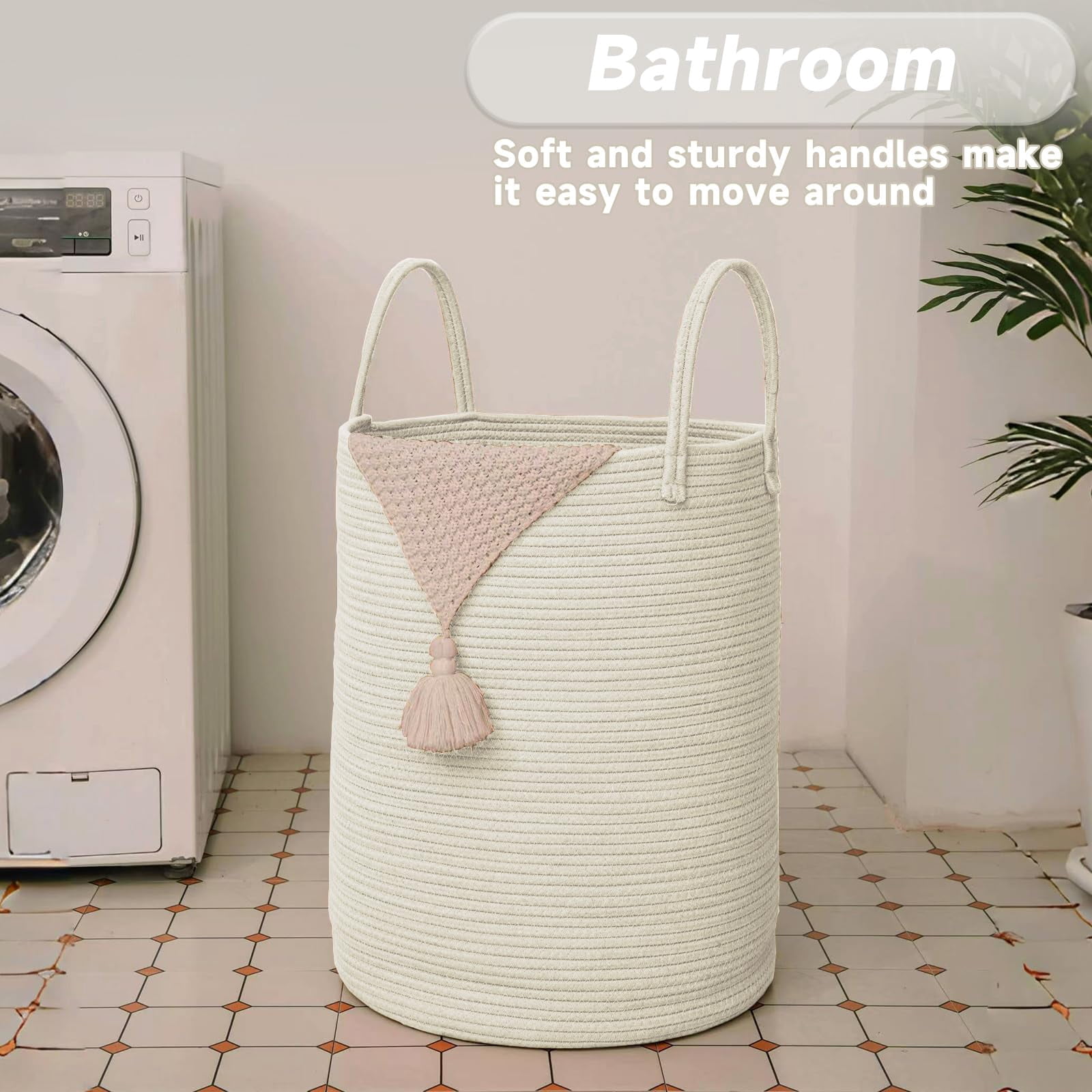 Large Woven Laundry Basket Hamper,60L Cotton Rope Storage Bin for Blankets,Toys and Clothes,Decorative Tall Nursery Hamper for Living Room,Baby Nursery,Bathroom and Bedroom