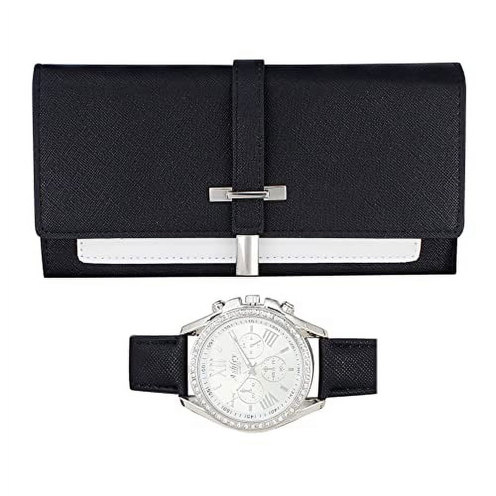 Ashley Princess Women's Easy Reader Colorful Watch Matching with Perfect Colorful Wallet which Holds Smartphone, Credit Cards, Cash & Change Organized & Elegantly Impressive Gift Set - ST10234-N Black
