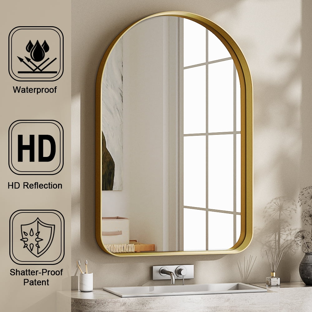 GRAHMCY 20"x30" Arched Bathroom Mirror Rounded Corner Vanity Wall Mirror with Deep Frame, Gold