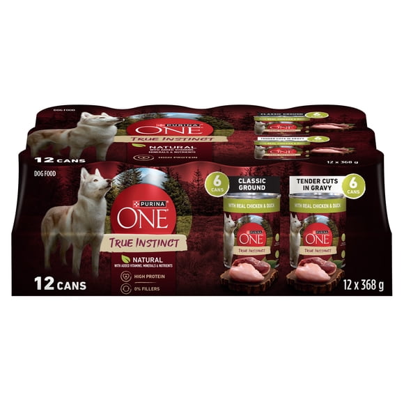 Purina ONE True Instinct Emballage Assorti Moulue Classique et Tendres Morceaux en Sauce, Nourriture Humide pour Chiens, 368 g x 12