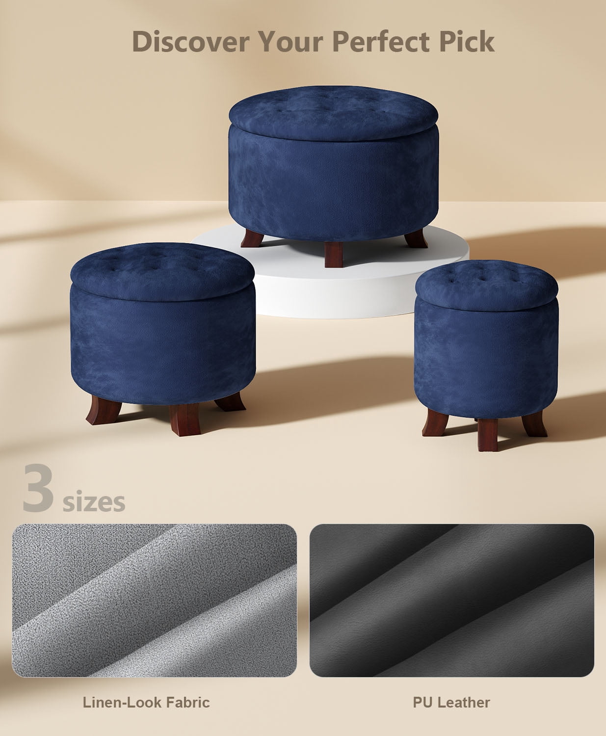 OSM Ottoman,Round Foot Rest Stool, Upholstered Small Ottoman Chair with Storage for Living Room & Bedroom, Decorative Home Furniture, Navy Blue