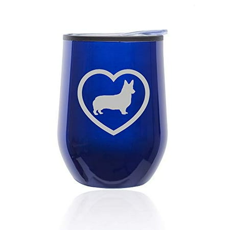

Stemless Wine Tumbler Coffee Travel Mug Glass with Lid Corgi Heart (Blue)