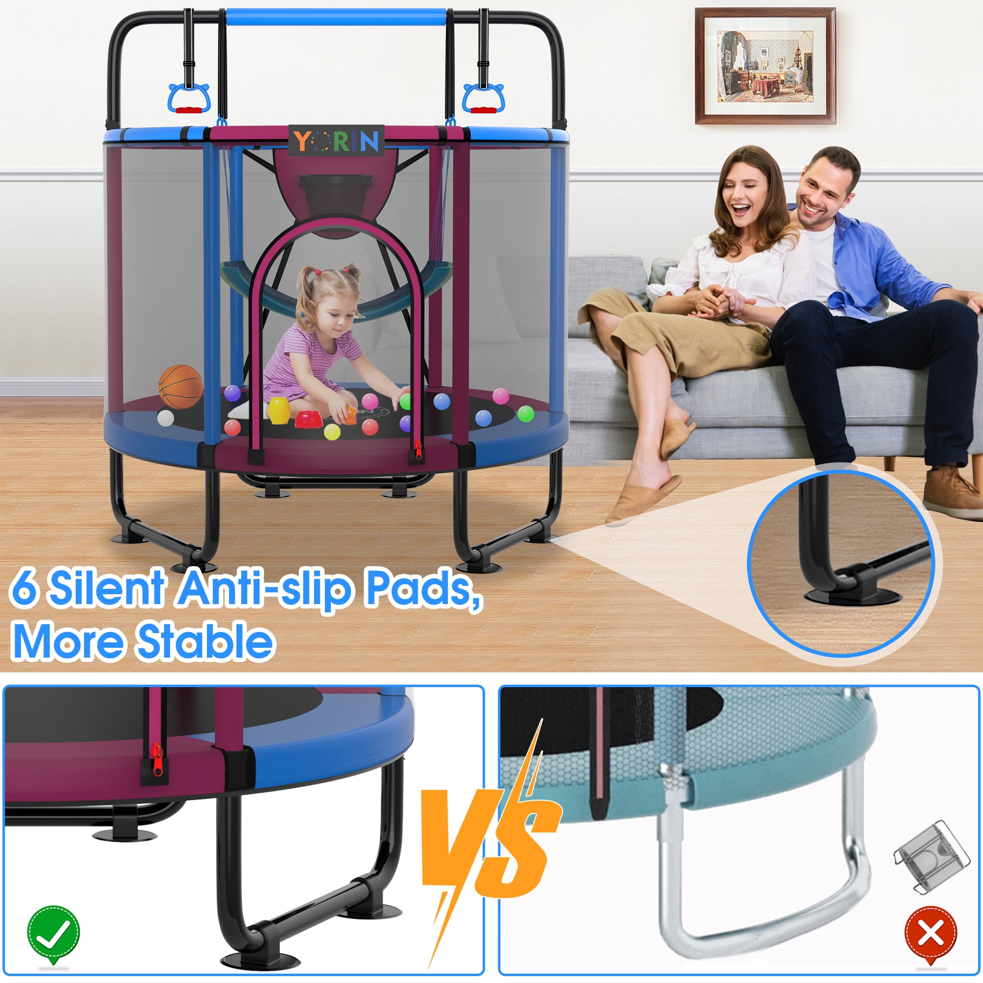 YORIN Trampoline for Kids, 55'' Toddler Mini Trampoline with Enclosure Net, Basketball Hoop, 4.5FT Indoor/Outdoor Kids Trampoline with Swing, Adjustable Gymnastics Bars, Gifts for Boys Girls, 500LBS