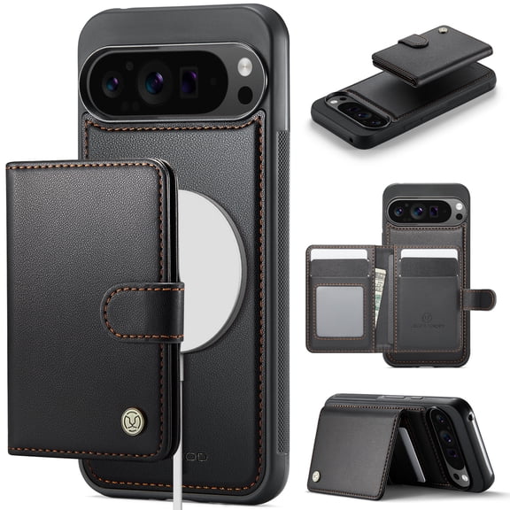 for Google Pixel 9 Pro XL Wallet Case with Detachable Magnetic Card Holder, PU Leather   TPU, RFID Blocking Kickstand 2-in-1 Shockproof Drop Protective Phone Case with Magnetic Buckle, Black