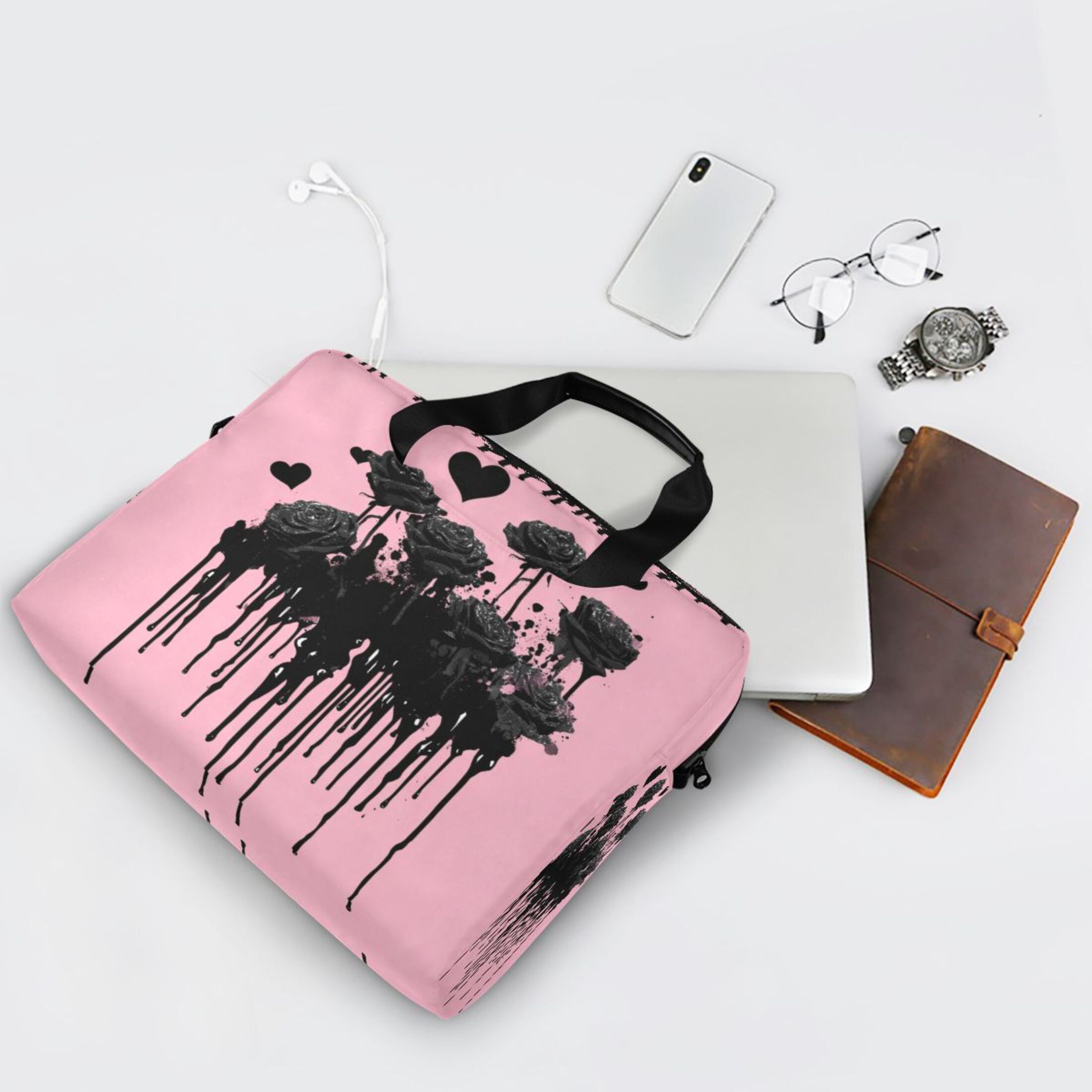 16" Laptop Tote Bag Laptop Sleeve Case Computer Briefcase for Work & Travel Black Roses
