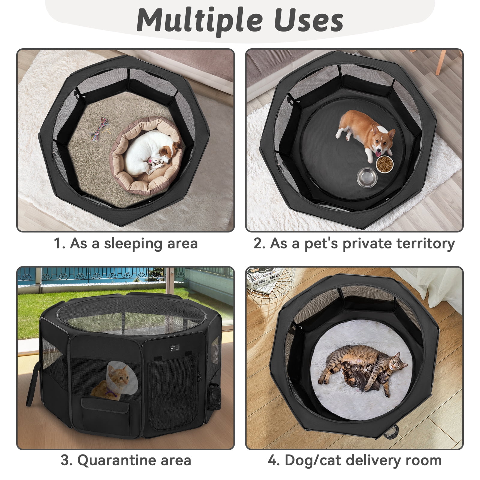 PETSFIT Portable Dog Playpen,36" Dog Play Pen Indoors with Removable Waterproof Mat & Zippered Roof | RV, Camping, Travel Dog Pen | Whelping & Cat Observation Space