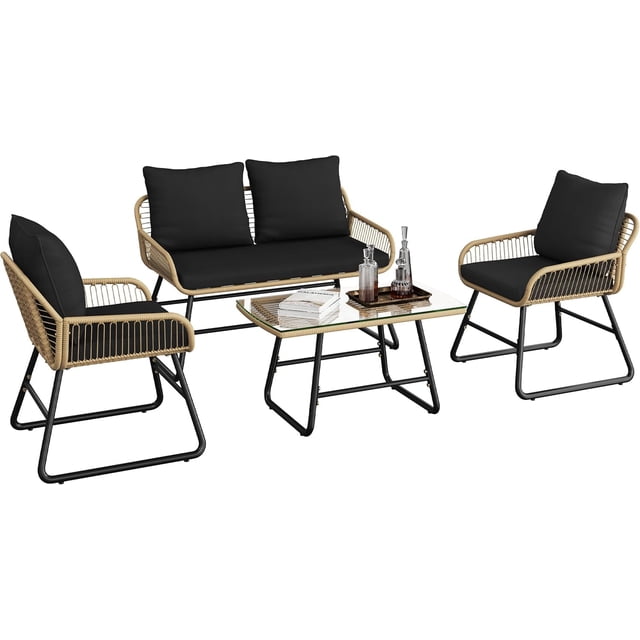 4-Piece Outdoor Rattan Patio Bistro Sofa Furniture Set, Straight Leg Design with Washable Seat Cushions & Tempered Glass Top Table, All-Weather Conversation Set for Garden, Balcony, Porch & Poolside