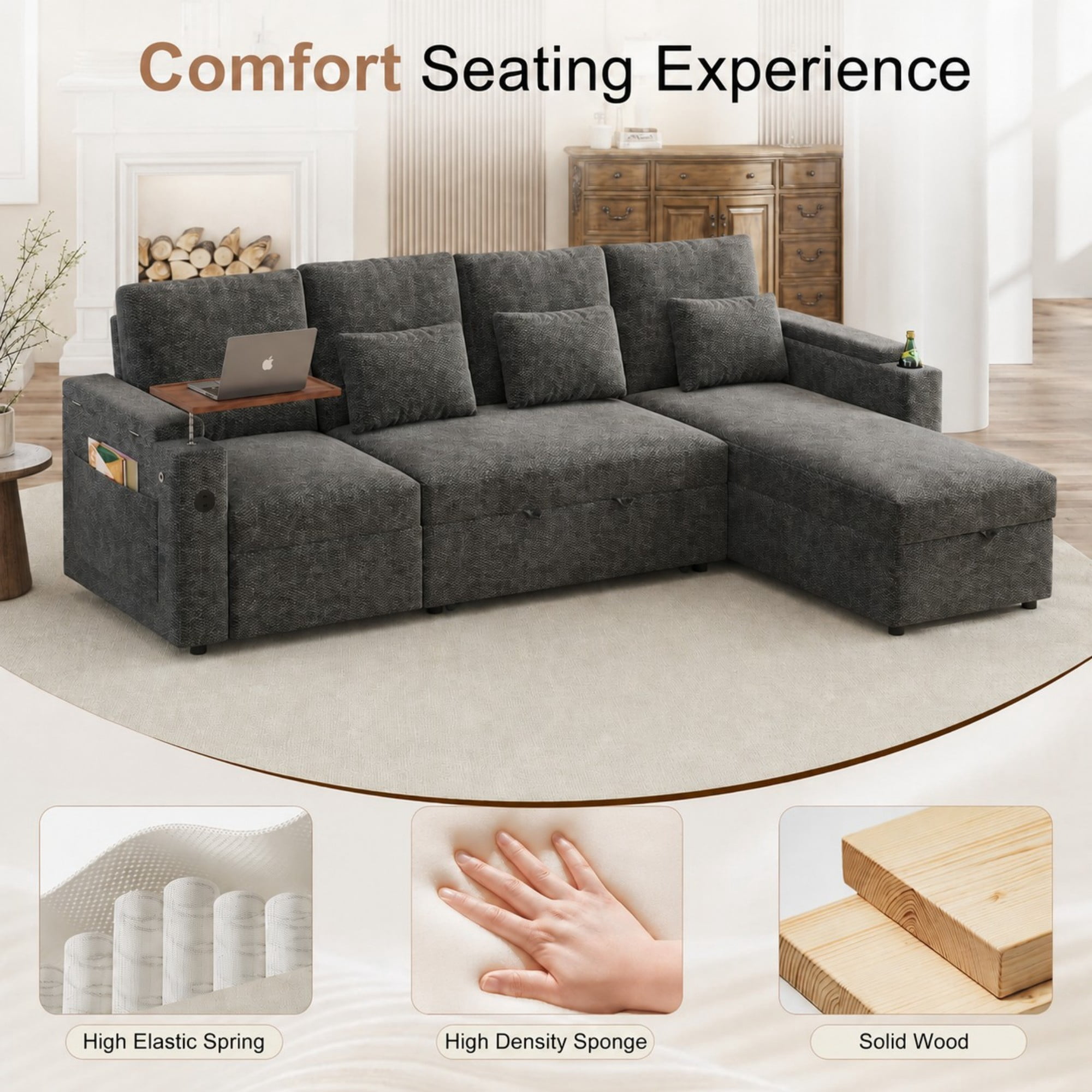 DEALTOPS 108" Chenille L-Shaped Pull Out Sleeper Sofa Bed with Recliner, Storage Chaise & USB Ports, Gray