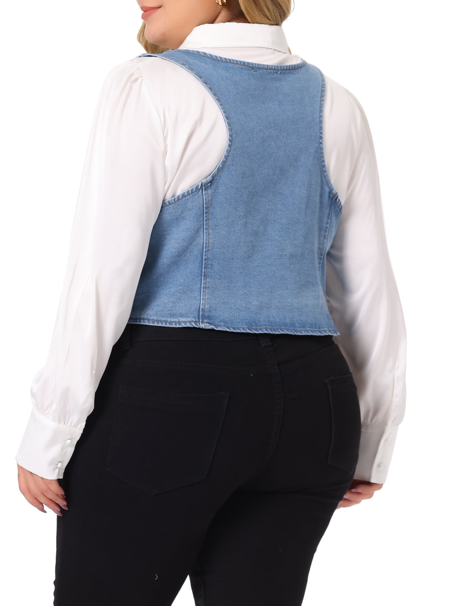 DARING DIVA Women's Plus Size Button Down V Neck Sleeveless Jean Waistcoat 3X Light Blue