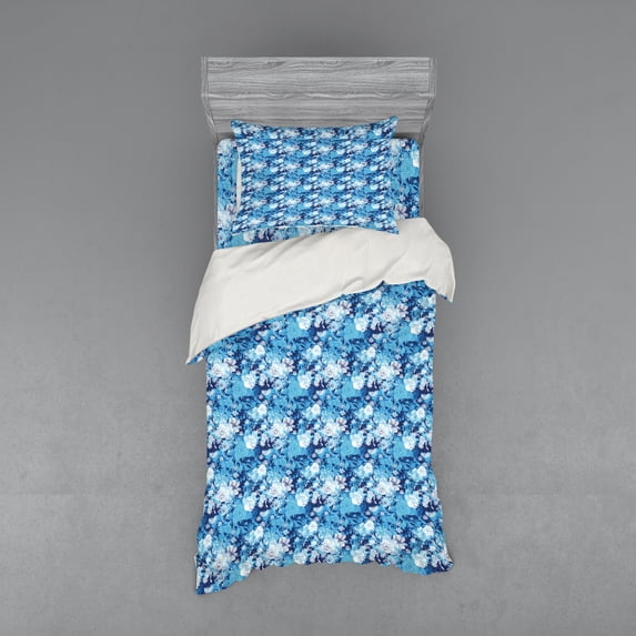 Ambesonne Flower Bedding Set 3 Pcs, Blue Color Palette Roses, Twin XL, Sky Blue Blue