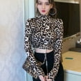 thumbnail image 4 of Women's Leopard Print Turtleneck Slim Long Sleeve Crop Top, 4 of 5