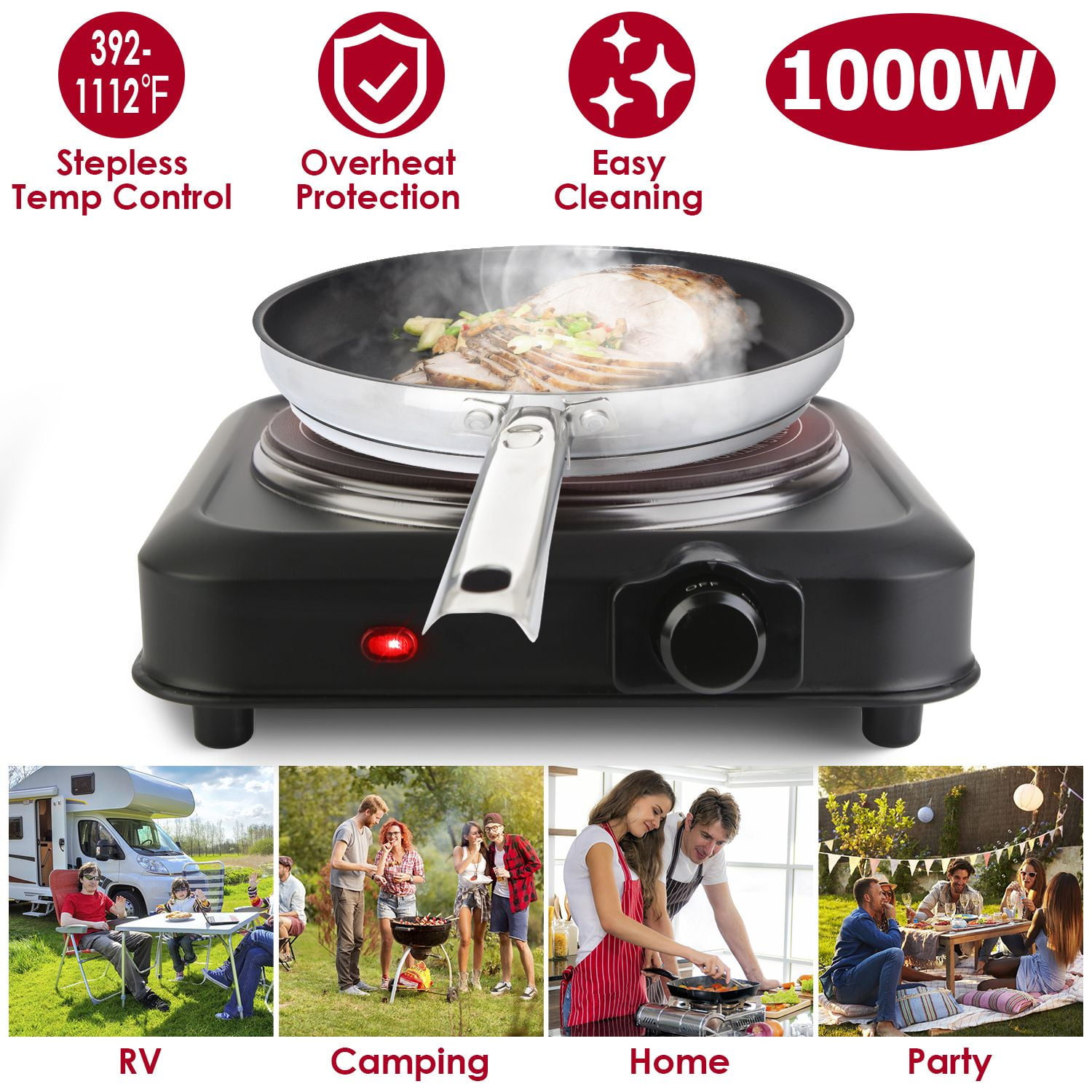 1000W Electric Infrared Single Burner Portable Heating Hot Plate Stove Countertop RV Hotplate with 7.5' Glass Cooktop Stepless Temperature Adjustments for Home RV Camp