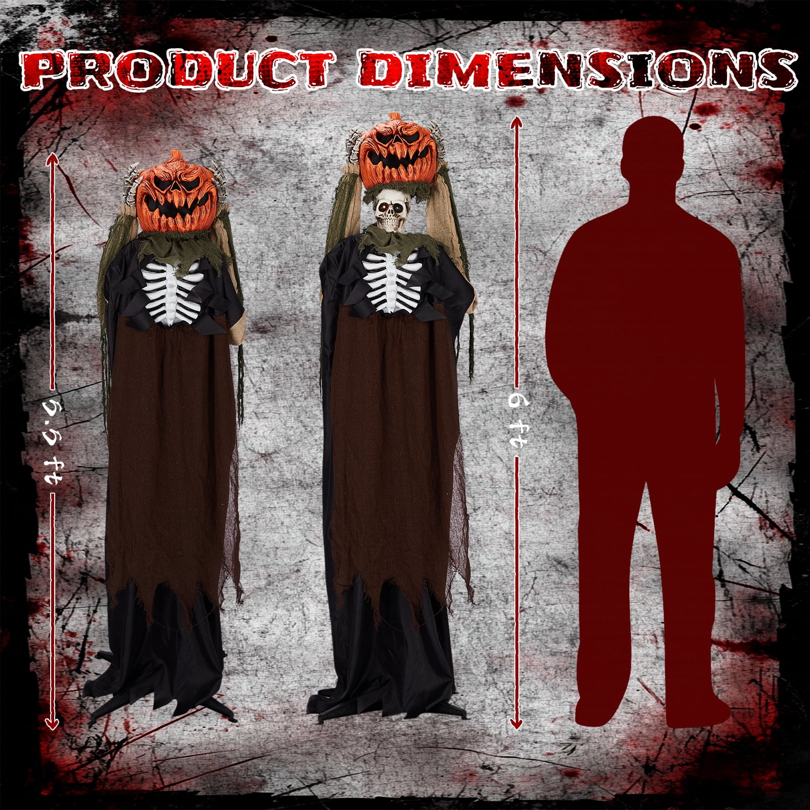5.6ft Halloween Decorations Outdoor Life Size Animatronics Ghost with Pumpkin Head, Sound-Actived Party Decor with Creepy Sound , Scary Haunted House Props for Garden Yard Lawn