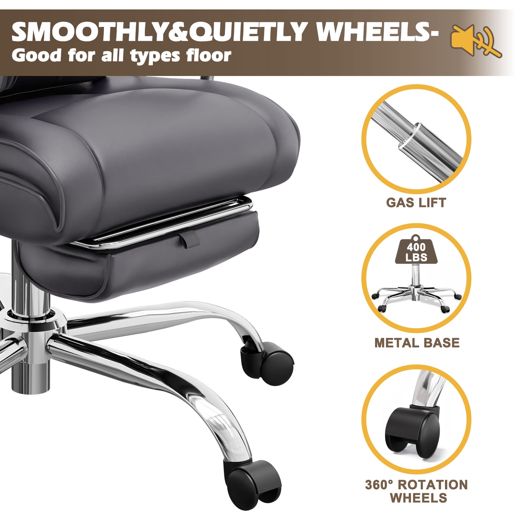 zzw Big and Tall Executive Office Chair, Reclining with Footrest, Adjustable High Back Ergonomic Leather Chair, 400lb Capacity