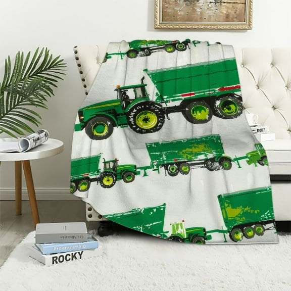 Qinduosi Equipment Trucks Blanket Kids Boys Excavators Throw Blanket for Bed Sofa Couch Children Green Plush Blanket Soft Construction Tractor Decor