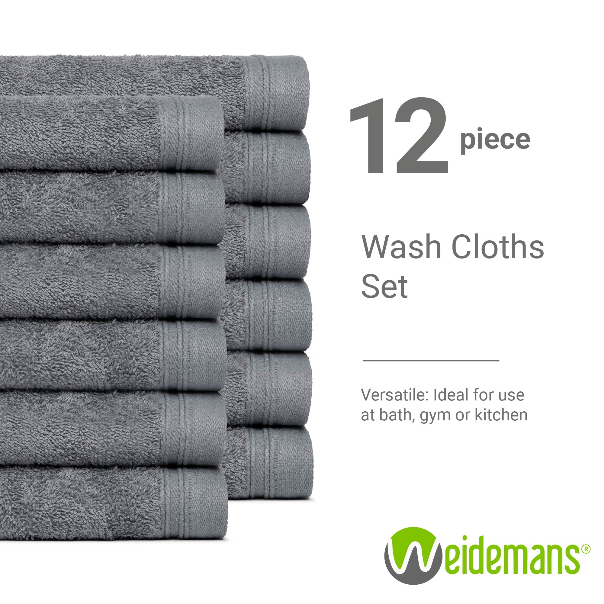 Weidemans 100% Cotton Washcloths 12 Pieces Towel Set | Fingertip Washcloth 13" X 13" | Towels for Bathroom, Hand, Kitchen, Cleaning | Machine Washable high Absorbency Bathroom Face Towels | Dark Grey