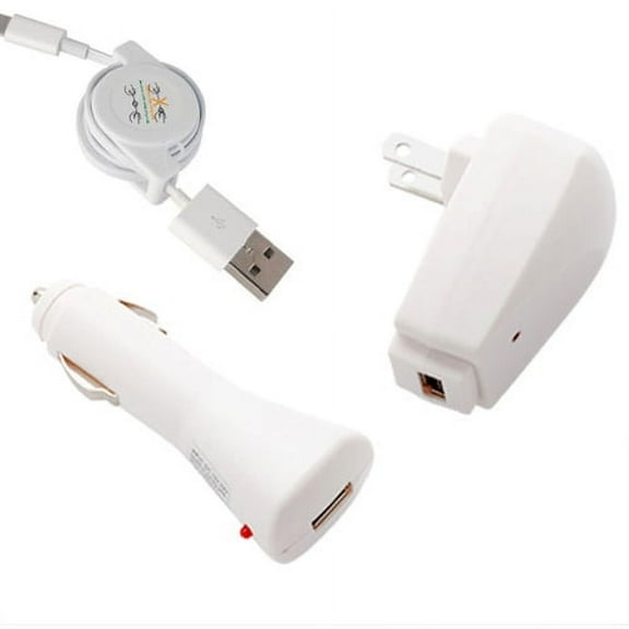 3-in-1 Home Car Charger USB Retractable Cable Wall Travel Power Adapter Data Sync Wire White Compatible With iPhone XS Max XR X, iPad 9.7 G1A